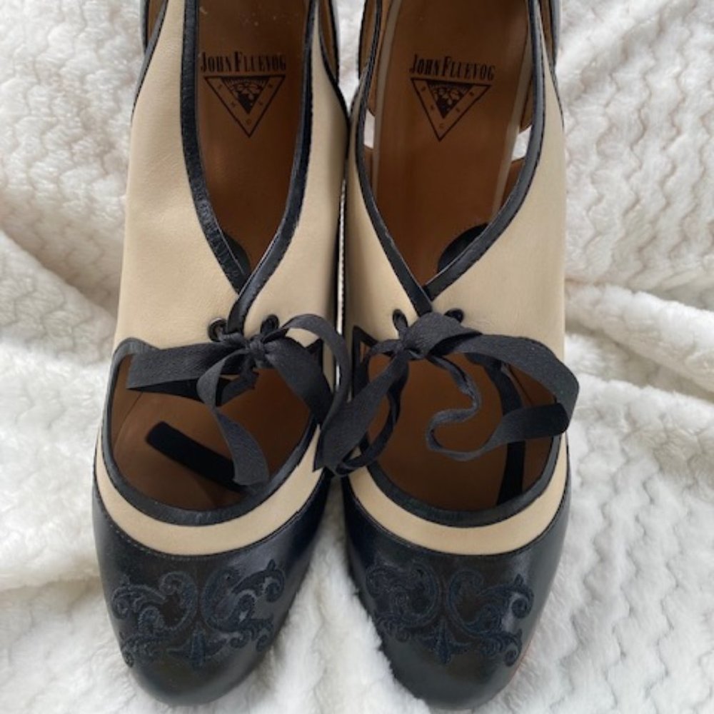 John Fluevog Black and Tan Heels